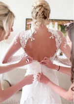 Attractive Tulle & Lace Jewel Neckline Cut-Out Back Wedding Dress With Lace Appliques