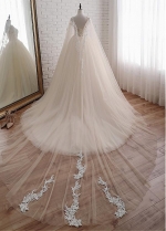 Eye-catching Tulle Jewel Neckline Ball Gown Wedding Dress With Lace Appliques & Beadings