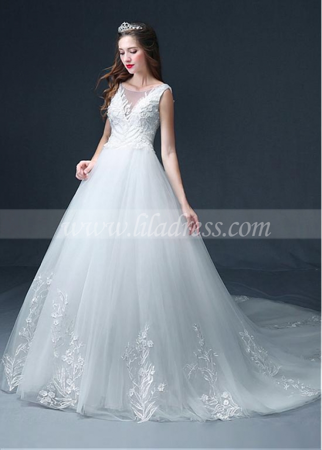 Fascinating Tulle Bateau Neckline A-line Wedding Dress With Lace Appliques & Beadings