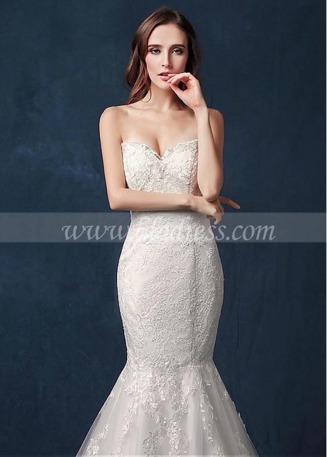 Attractive Tulle Sweetheart Neckline Mermaid Wedding Dress With Lace Appliques