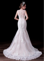 Glamorous Tulle Jewel Neckline Floor-length Mermaid Wedding Dresses With Lace Appliques