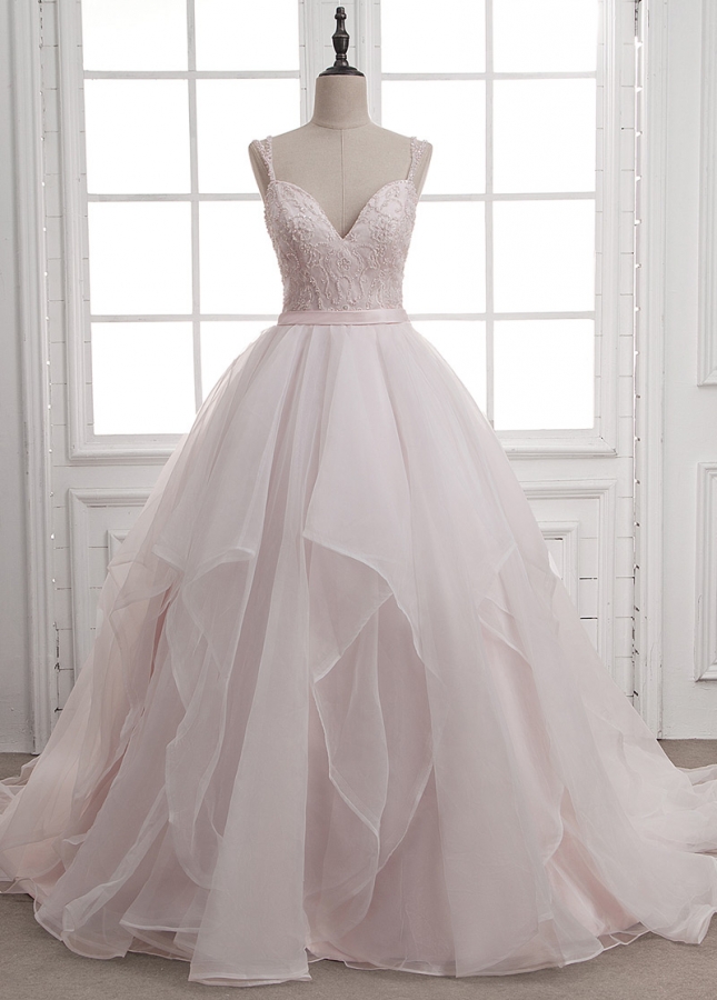 Charming Tulle & Organza Spaghetti Straps Neckline Ball Gown Wedding Dress With Beaded Embroidery & Ruffles