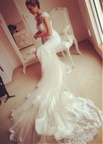 Marvelous Tulle & Satin Jewel Neckline Mermaid Wedding Dresses With Lace Appliques