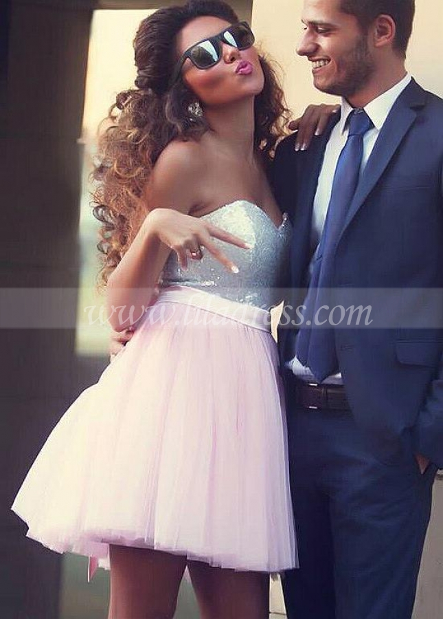Pretty Tulle & Sequin Lace Sweetheart Neckline Short A-line Homecoming Dresses With Bowknots
