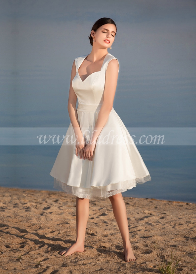 Chic Satin Queen Anne Neckline Knee-length A-line Wedding Dresses
