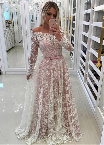 Fascinating Lace Off-the-shoulder Neckline Long Sleeves A-line Prom Dress