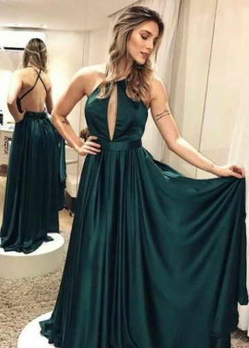 Elastic Satin Dark Green Backless Prom Dress with X-cross