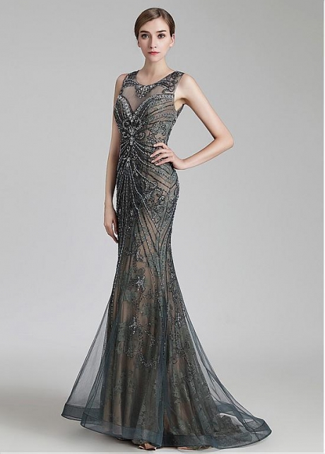 Gorgeous Tulle & Lace Scoop Neckline Mermaid Formal Dress With Beadings