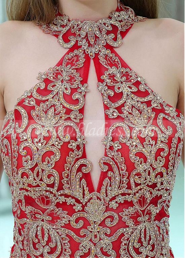 Glamorous Red Cut-out Mermaid Evening Dresses With Lace Appliques & Hot Fix Rhinestones