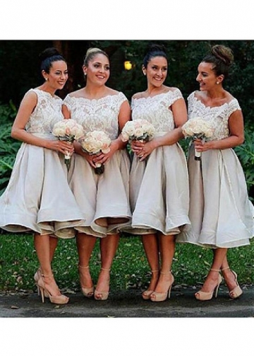 Pretty Lace & Organza Satin Bateau Neckline Tea-length A-line Bridesmaid Dress