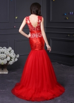 Exquisite Tulle Red Jewel Neckline Mermaid Formal Dresses