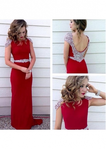 Fashionable Chiffon Red Sheath Evening Dresses With Open Back