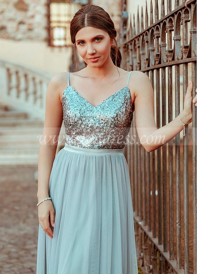 Conspicuous Tulle & Sequin Lace Spaghetti Straps Neckline A-line Prom/Evening Dresses