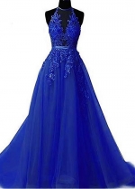 Glamorous Tulle Halter Neckline Floor-length A-line Prom Dresses With Beaded Lace Appliques & Belt