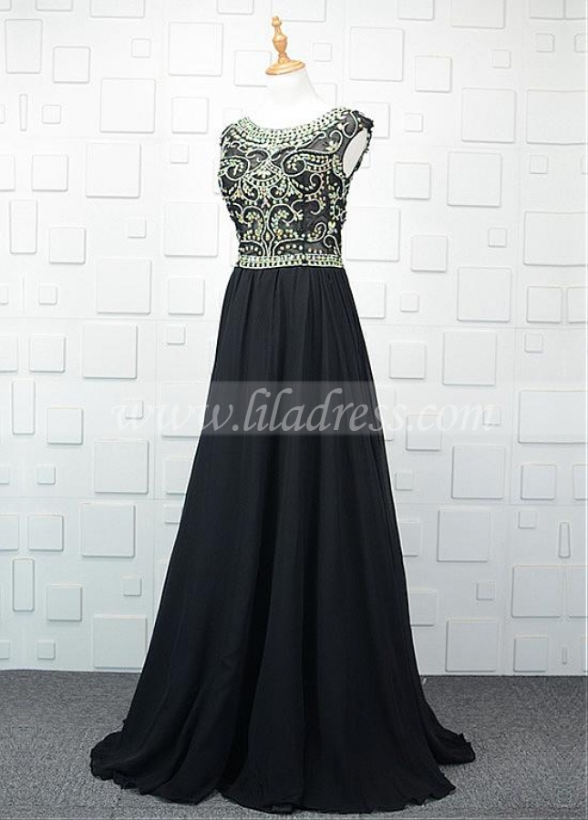Newest Tulle & Chiffon Bateau Neckline A-line Evening Dresses With Beadings