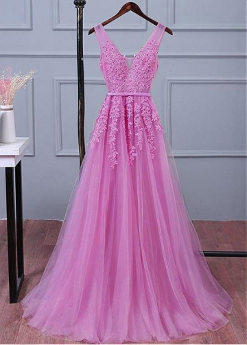Delicate Pink A-line V-neck Tulle Bridesmaid / Sweet 16 Dress