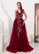 Unique Tulle V-neck Neckline Floor-length A-line Evening Dresses With Beadings