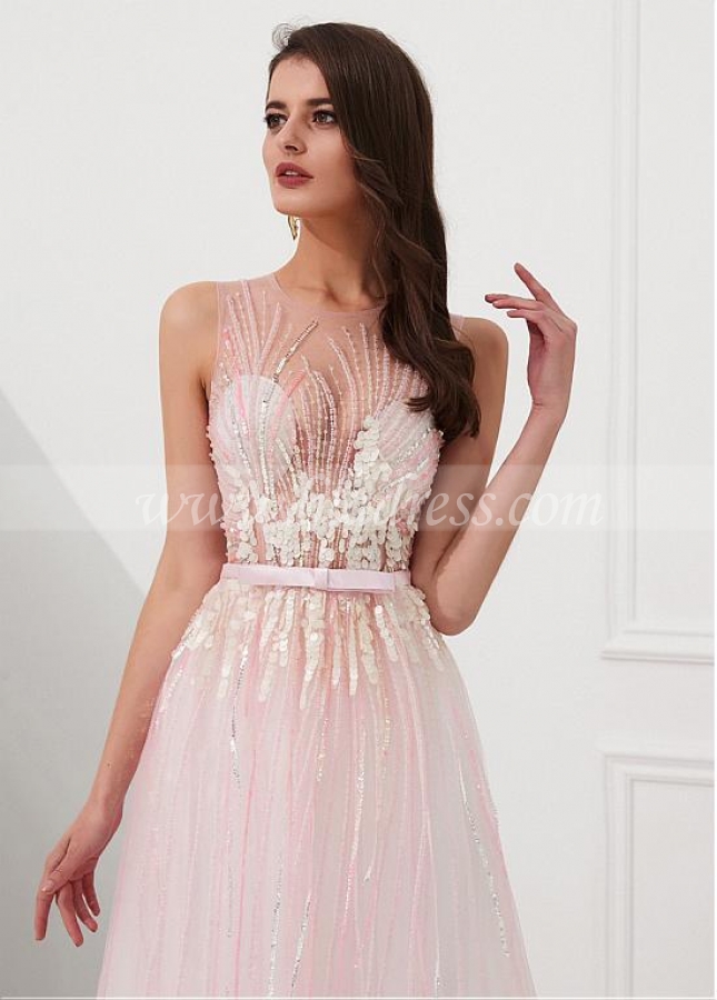 Charming Tulle Jewel Neckline Floor-length A-line Prom Dresses With Beadings & Sequins