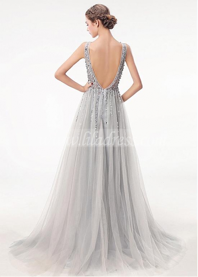 Glamorous Tulle V-neck Neckline Floor-length A-line Prom Dress With Beadings