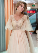 Charming Tulle V-neck Neckline See-through Bodice A-line Prom Dress With Beadings