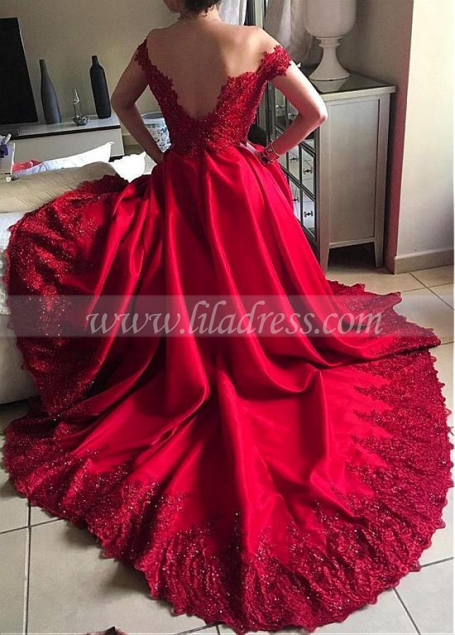 Gorgeous Red Off- the-shoulder Neckline A-Line Evening Dress With Beaded Lace Appliques