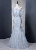 Fantastic Tulle Scoop Neckline Natural Waistline Mermaid Evening Dress With Beaded Embroidery & Belt