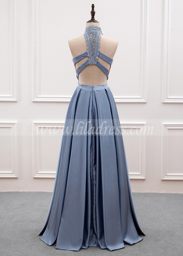 Glamorous Lace & Satin High Collar Cut-out Back A-line Prom Dress With Beadings