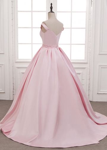 Wonderful Satin Off-the-shoulder Neckline A-Line Prom Dresses With Beadings & Pockets