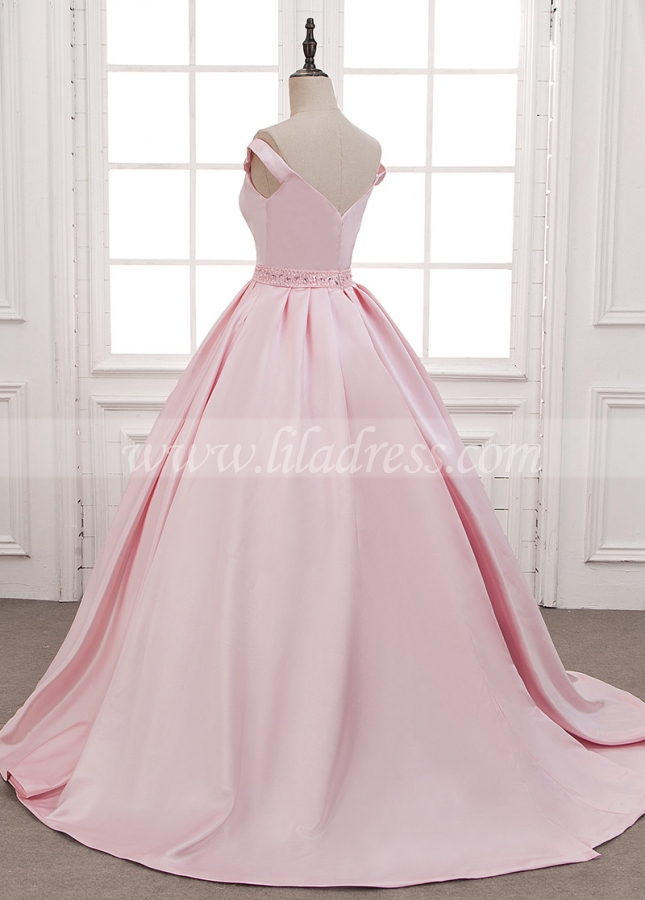 Wonderful Satin Off-the-shoulder Neckline A-Line Prom Dresses With Beadings & Pockets