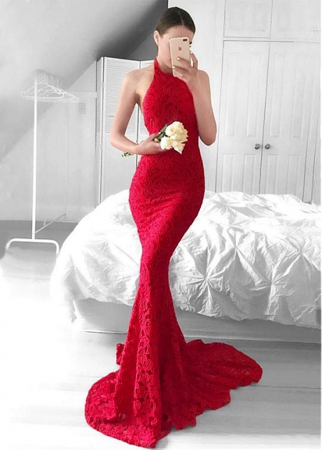 Showy Lace Halter Neckline Backless Mermaid Evening Dresses