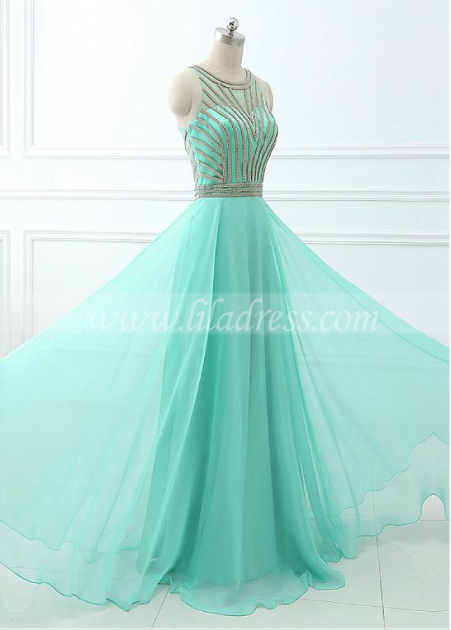 Pretty Chiffon & Tulle Jewel Neckline A-Line Prom Dresses With Beadings