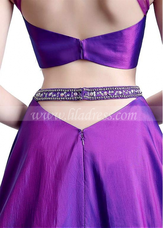 Fantastic Tulle & Taffeta High Collar Neckline Cut-out Two Piece A-line Homecoming Dresses With Beadings