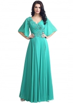 Modest Chiffon V-neck Neckline Trumpet Sleeves A-line Evening Dresses With Beaded Lace Appliques