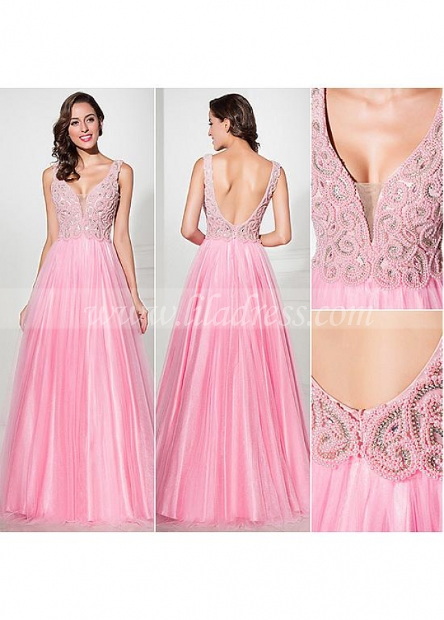 Graceful Tulle V-neck Neckline A-line Prom Dresses With Beadings