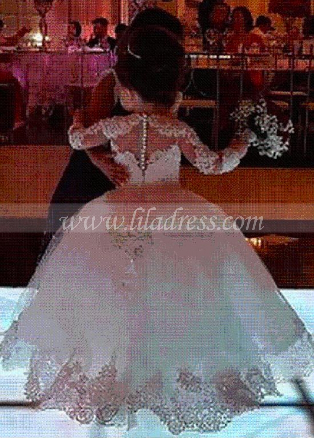 Fashionable Tulle Jewel Neckline Ball Gown Flower Girl Dresses With Beaded Lace Appliques