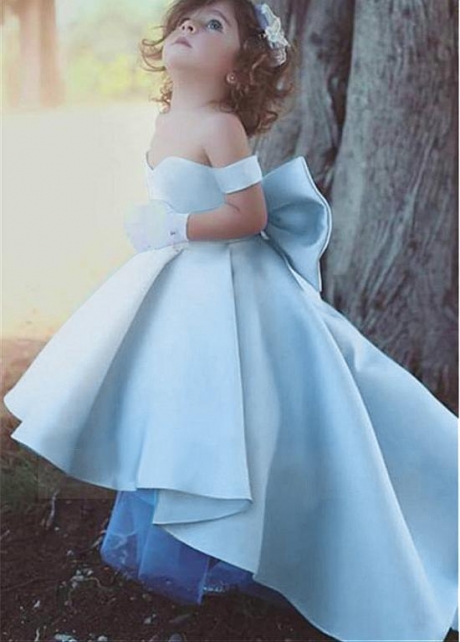 Lovely Satin Off-the-shoulder Neckline Hi-lo Length Ball Gown Flower Girl Dresses With Bowknot
