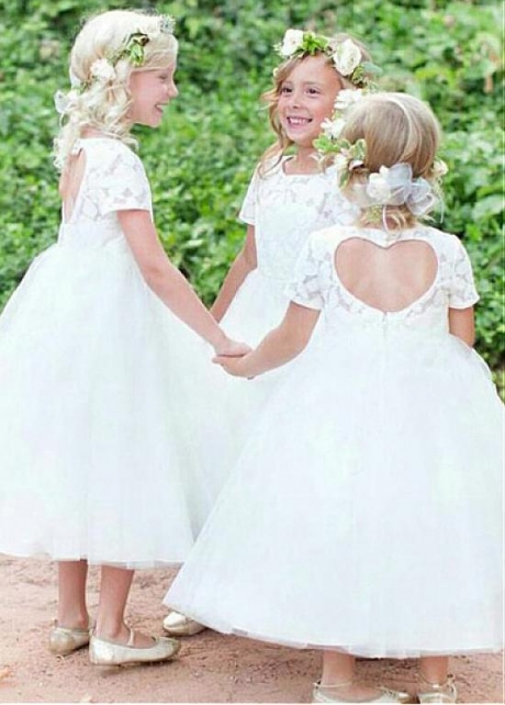 Sweet Lace & Tulle Jewel Neckline Ball Gown Flower Girl Dresses