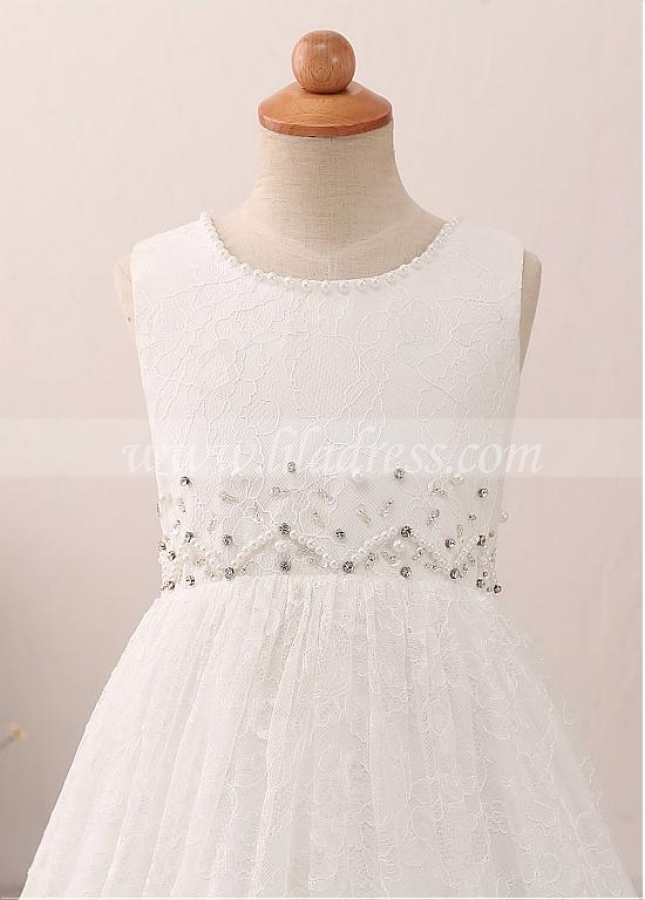 Delicate Lace Jewel Neckline A-line Flower Girl Dress With Beadings & Belt