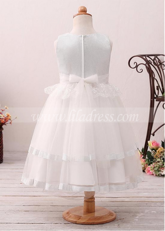 Luxury Tulle Jewel Neckline Ball Gown Flower Girl Dress With Lace Appliques & Handmade Flowers & Belt