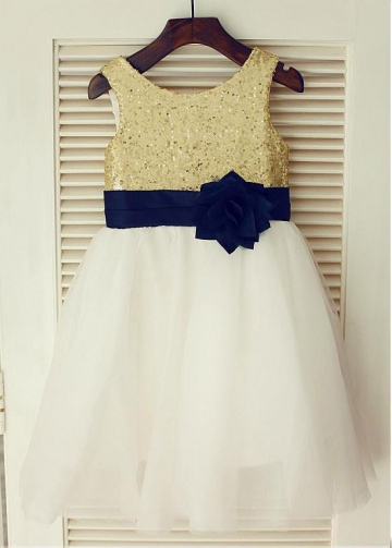Famous Sequin Lace & Tulle Scoop Neckline Ball gown Flower Girl Dresses With Handmade Flowers