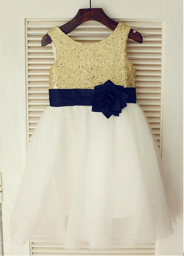 Famous Sequin Lace & Tulle Scoop Neckline Ball gown Flower Girl Dresses With Handmade Flowers