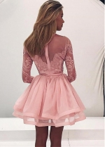 Winsome Tulle & Organza Jewel Neckline Short A-line Homecoming Dresses With Lace Appliques & Belt
