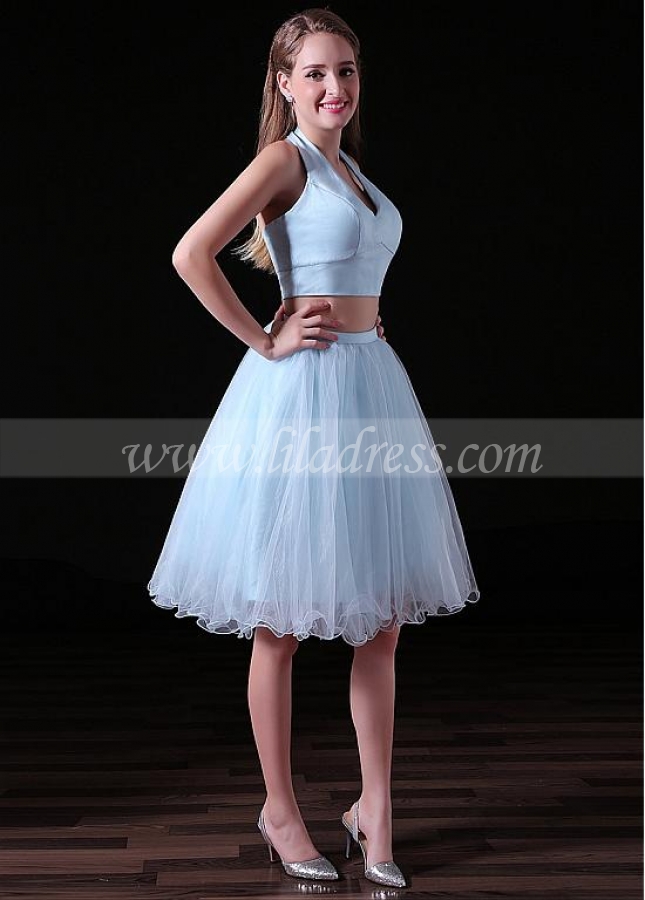 Graceful Tulle & Satin Halter Neckline Short Length Two-piece A-line Homecoming Dress