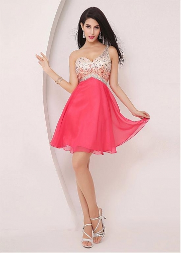 Romantic Chiffon One Shoulder Neckline A-line Homecoming Dresses With Beadings