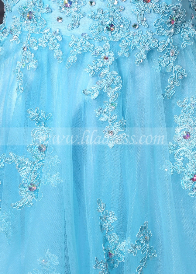 Exquisite Tulle & Stretch Satin Blue High Neck A-Line Homecoming / Sweet 16 Dresses