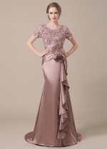 Elegant Silk Like Satin Scoop Neckline Lace Mermaid Mother of The Bride Dresses