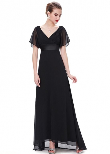 Charming Chiffon V-neck Neckline Illusion Sleeves Full Length A-line Prom / Mother Of The Bride Dress With Pleats
