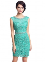 Amazing Tulle & Lace Scoop Neckline Short-length Sheath Cocktail / Mother Of The Bride Dresses With Beadings
