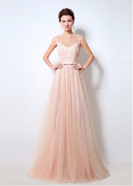 Alluring Tulle Sheer Jewel Neckline A-Line Prom / Mother Of The Bride Dresses With Beadings