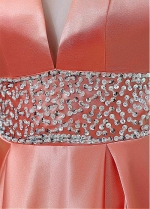 Gorgeous Satin V-neck Neckline Floor-length A-line Prom Dresses With Beadings